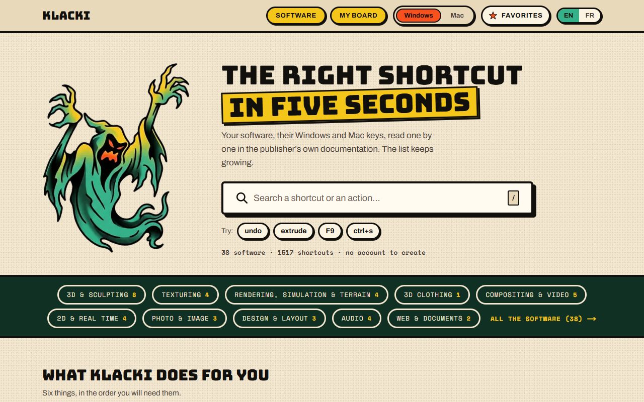 Klacki home page: a search bar for shortcuts and the software categories